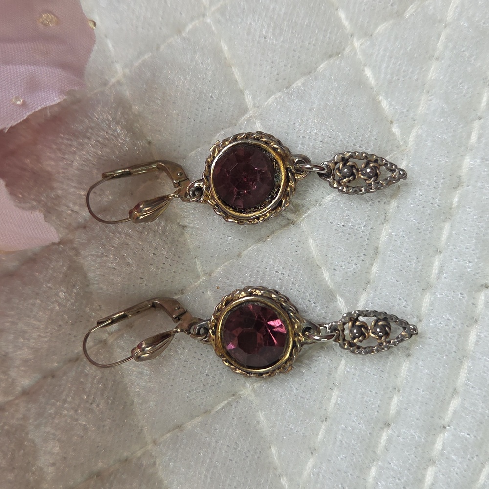 Elegant Antiqued Goldtone and Amethyst Dangle Earrings